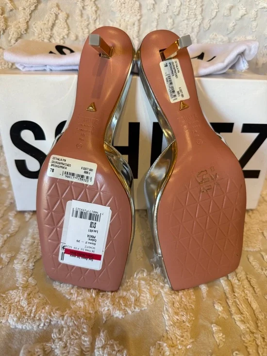 SCHUTZ Metallic Silver Open-Toe Slide Heels #601 - Picture 4 of 7